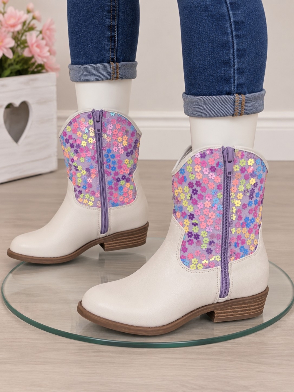 Girls' Cream and Pastel Floral Western Boots with Purple Trim